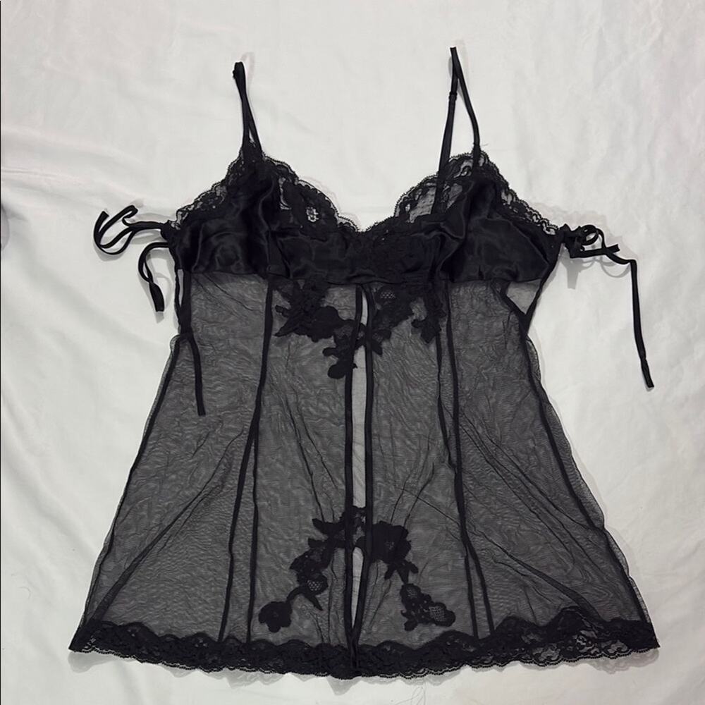 Victoria's Secret Womens Medium Y2k Black Lace Sheer Baby Doll Top Blouse Party